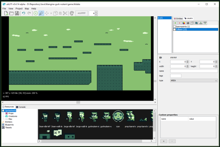 An example map and some spritesheets loaded into utiLITI