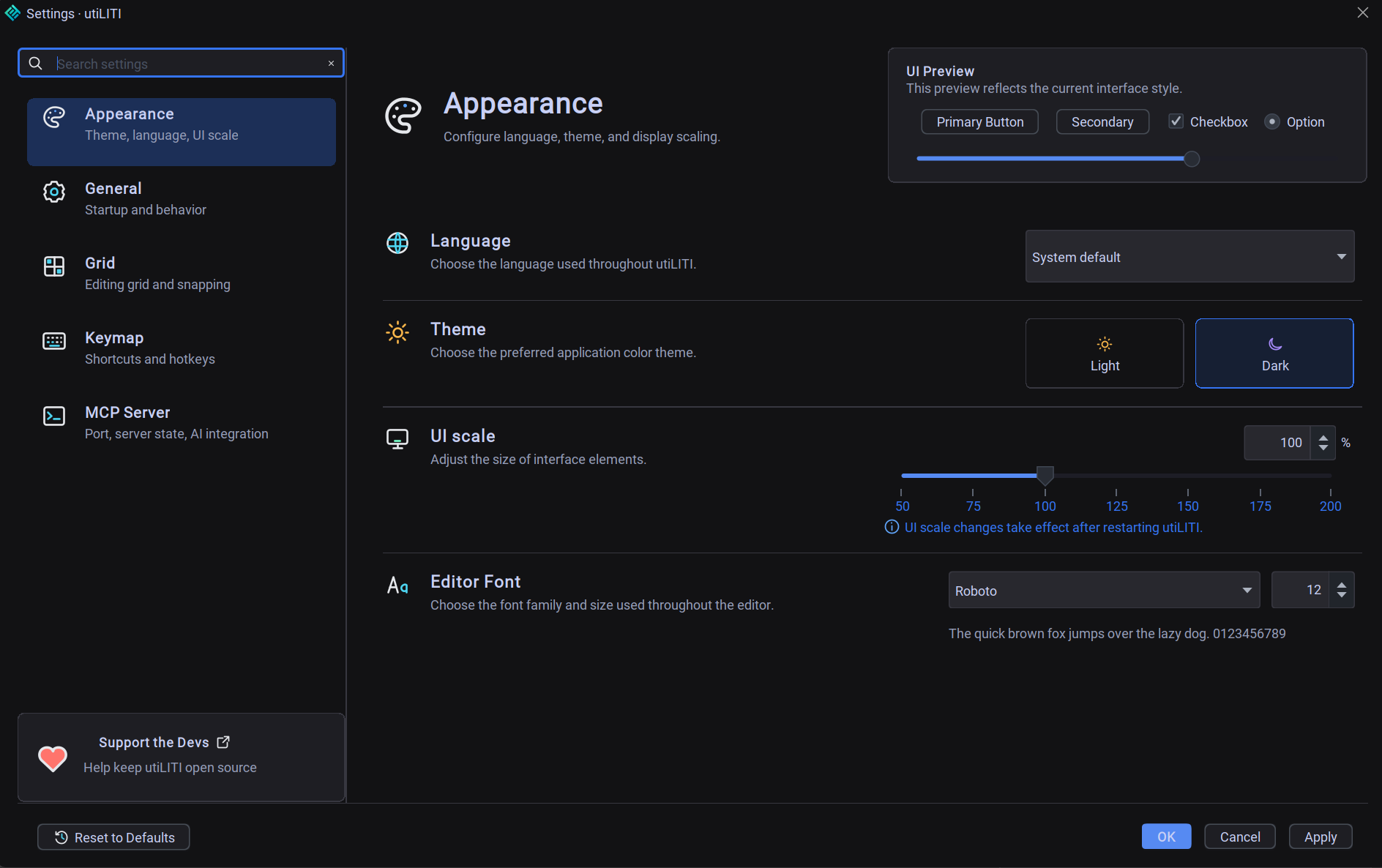 utiLITI Settings Dialog